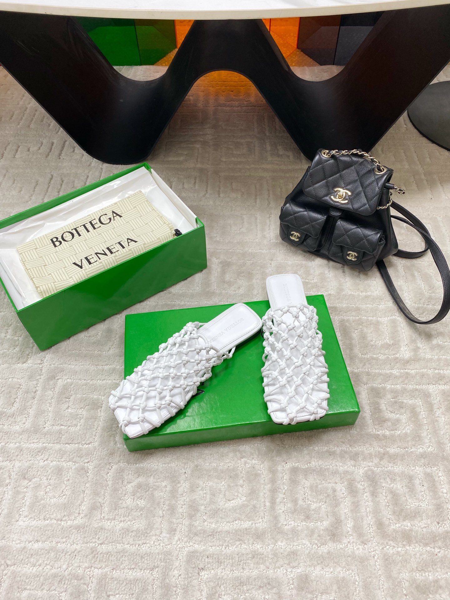 BV Metallic Leather Knot Net Mule Flats