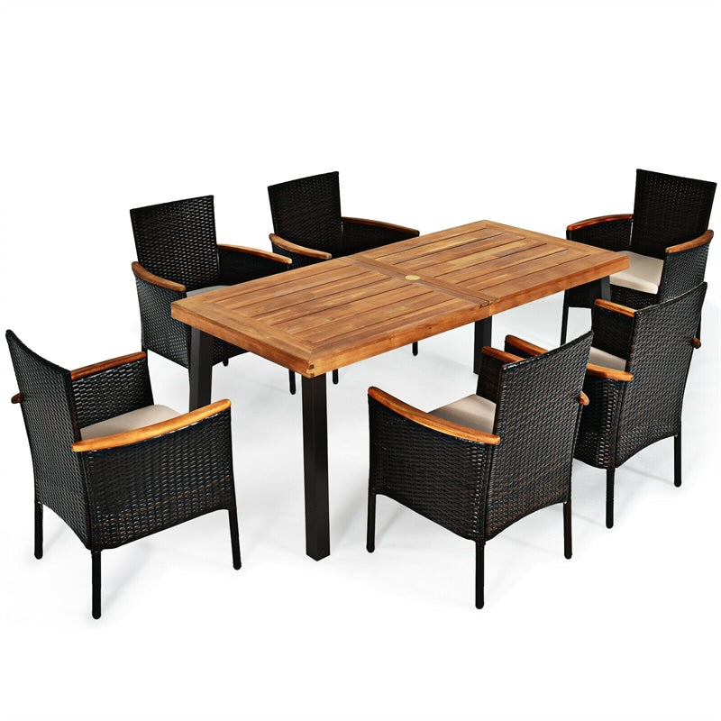 7 Piece Rattan Patio Dining Set with Acacia Wood Table & Stackable Wicker Chairs