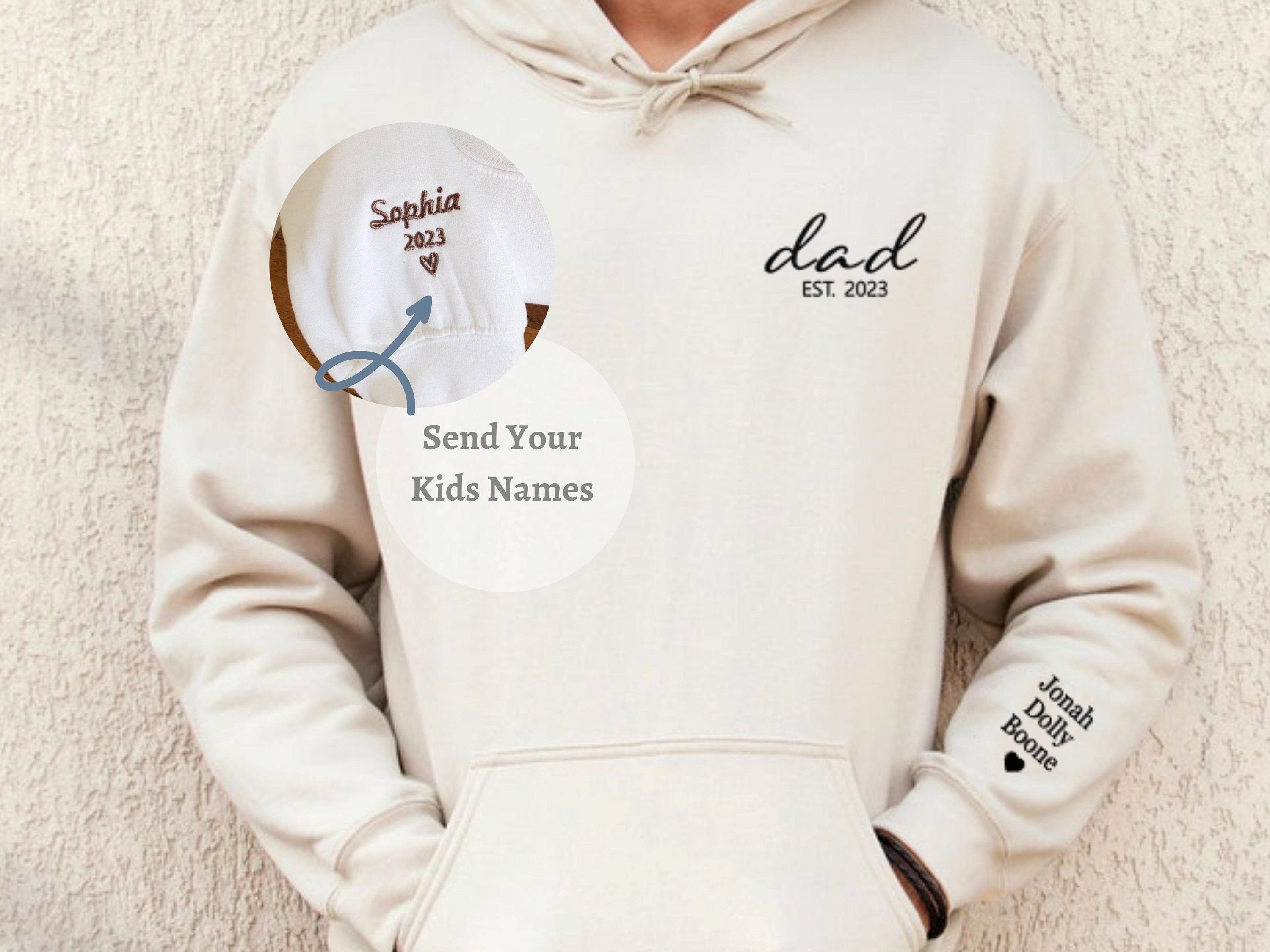 Products Custom Embroidered Dad Sweatshirt, Dad EST Sweatshirt with Kids Names and Heart on Sleeve