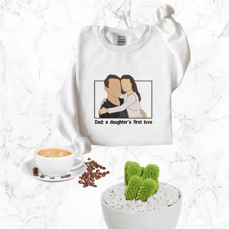 Customized Dad And Kids Photo Embroidered Sweatshirt, Hoodie, Personalized Dad Portrait Hoodie
