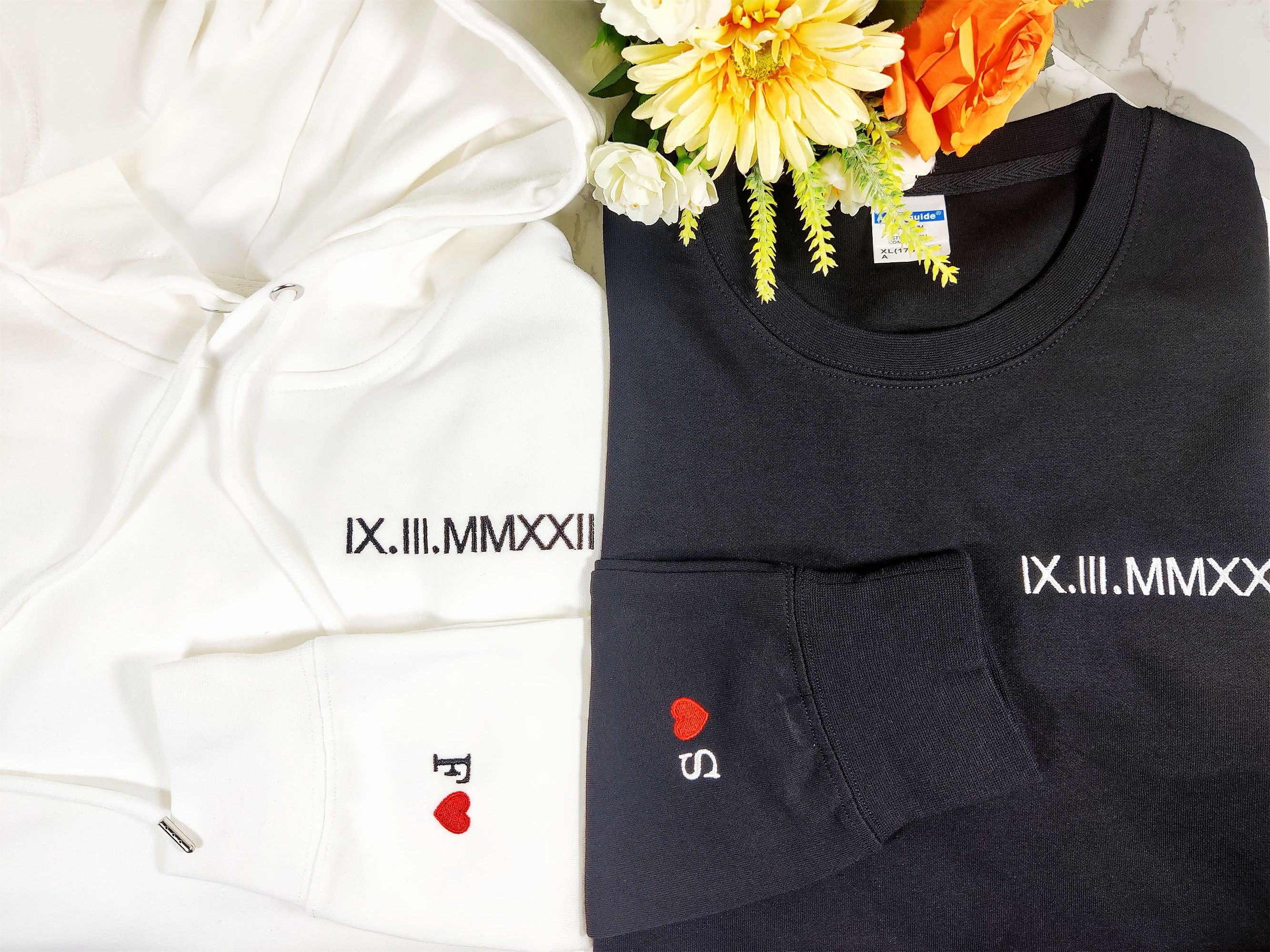 Personalized Embroidered  Roman Numerals Couples Matching T-shirt, Sweatshirt, Hoodie