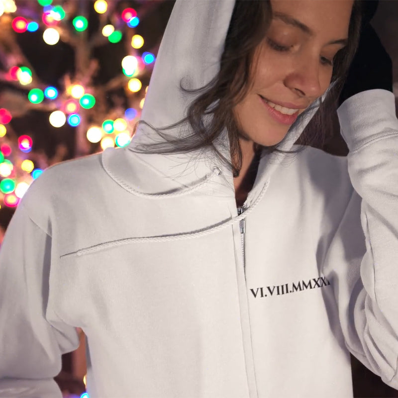 Custom Roman Numeral Full Zip Up Hoodie, Personalized Anniversary Sweatshirt
