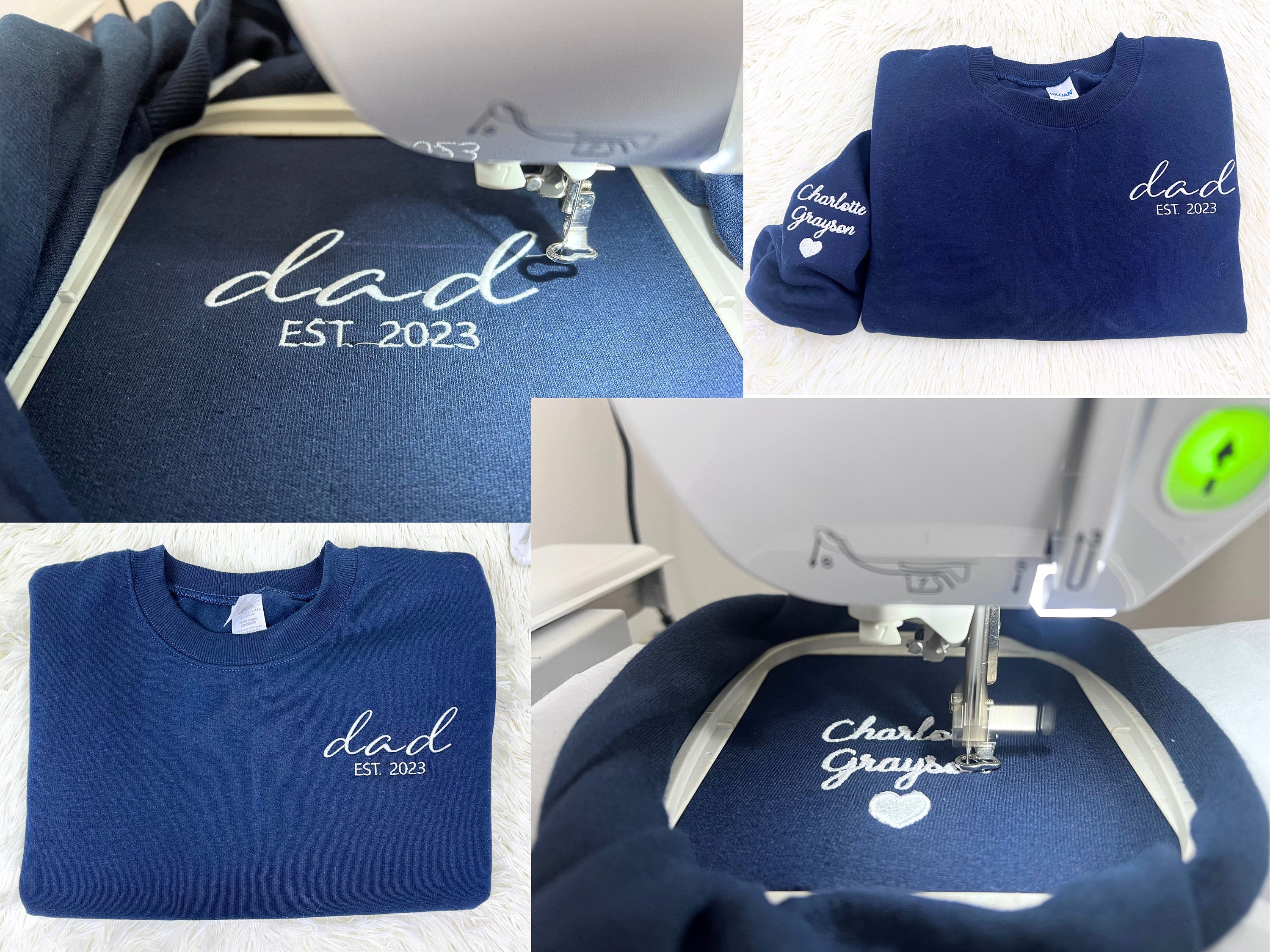 Products Custom Embroidered Dad Sweatshirt, Dad EST Sweatshirt with Kids Names and Heart on Sleeve