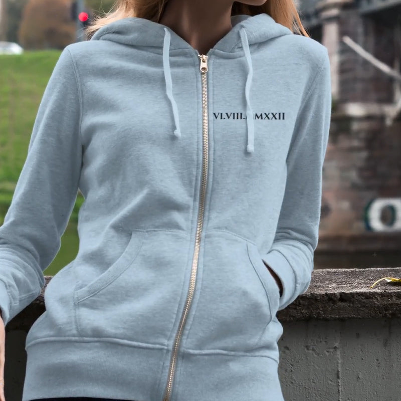 Custom Roman Numeral Full Zip Up Hoodie, Personalized Anniversary Sweatshirt