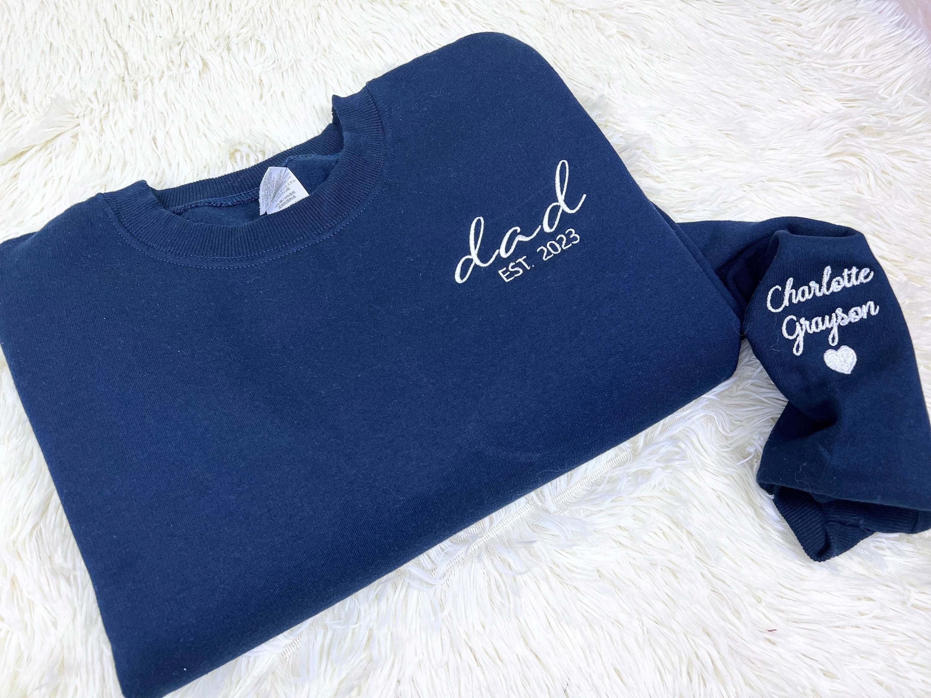 Products Custom Embroidered Dad Sweatshirt, Dad EST Sweatshirt with Kids Names and Heart on Sleeve