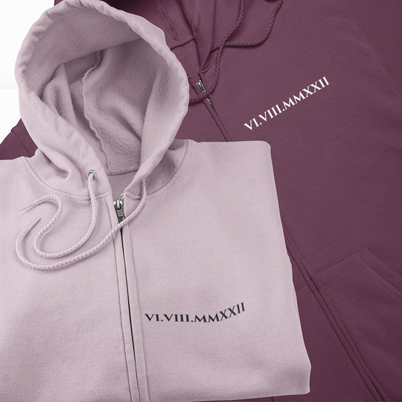 Custom Roman Numeral Full Zip Up Hoodie, Personalized Anniversary Sweatshirt