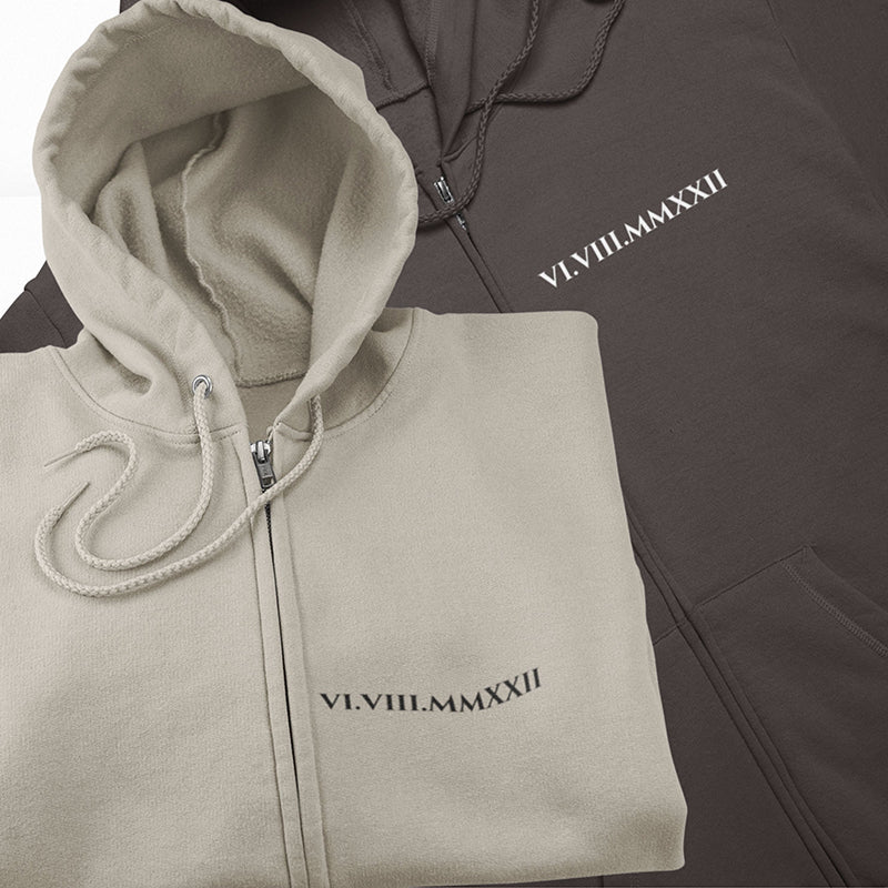 Custom Roman Numeral Full Zip Up Hoodie, Personalized Anniversary Sweatshirt