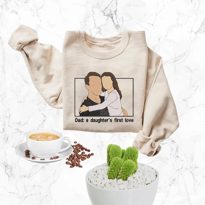 Customized Dad And Kids Photo Embroidered Sweatshirt, Hoodie, Personalized Dad Portrait Hoodie