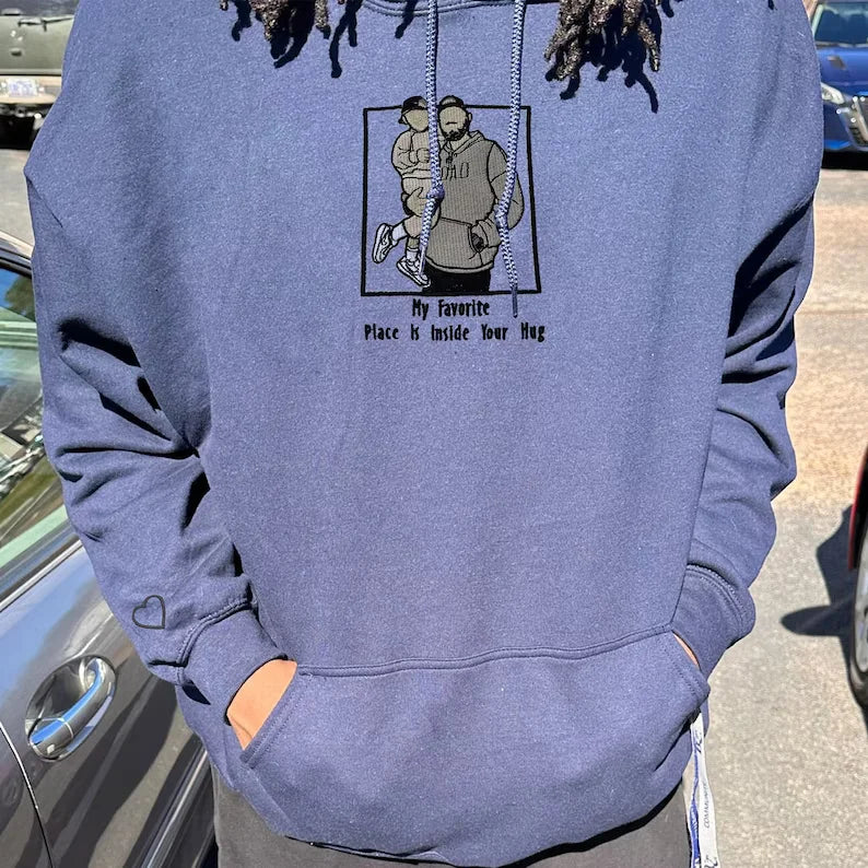 Customized Dad And Kids Photo Embroidered Sweatshirt, Hoodie, Personalized Dad Portrait Hoodie