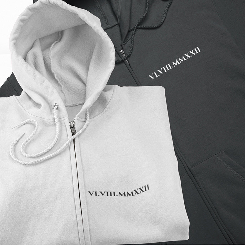 Custom Roman Numeral Full Zip Up Hoodie, Personalized Anniversary Sweatshirt