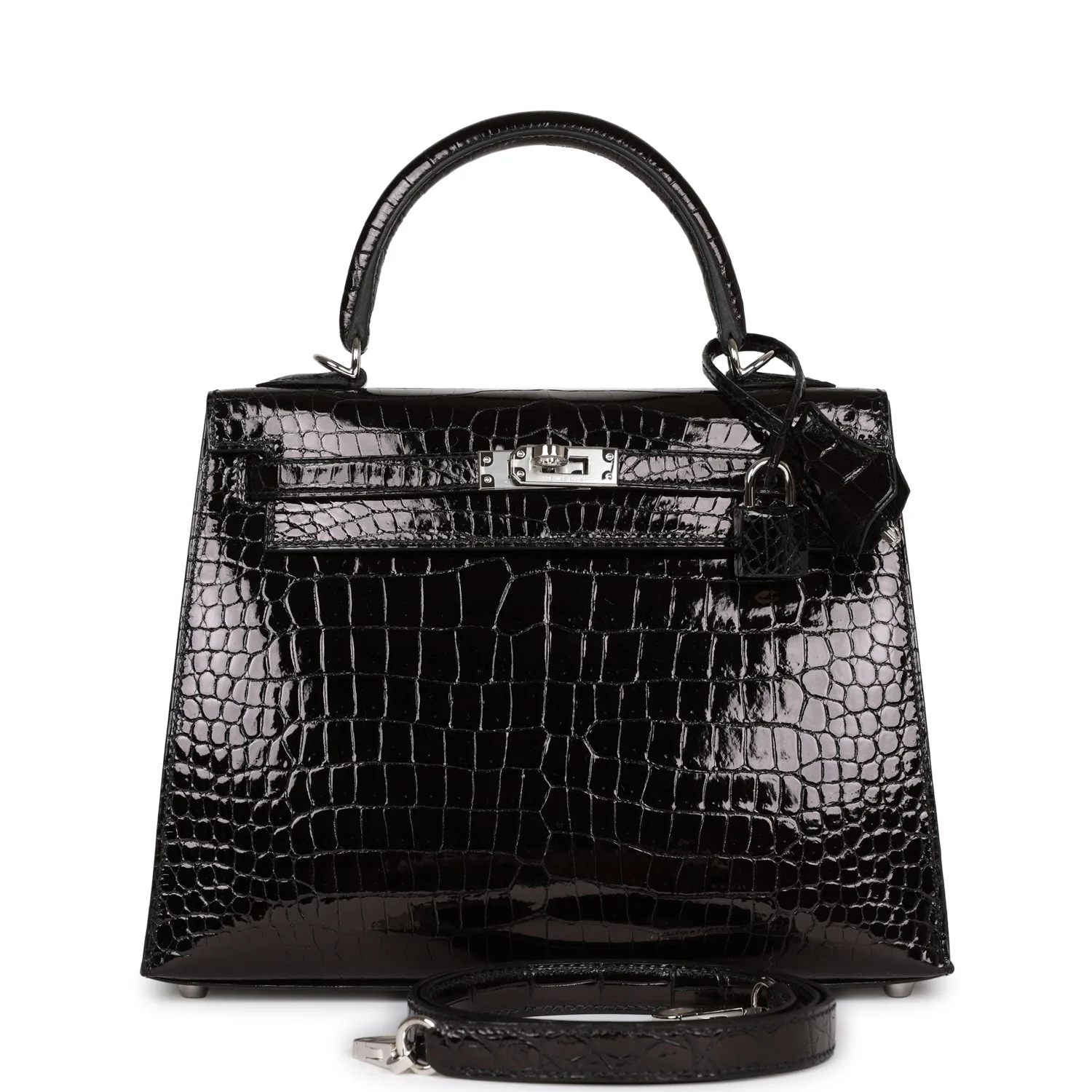 Her Kelly Sellier 25 Black Shiny Porosus Crocodile Palladium Hardware