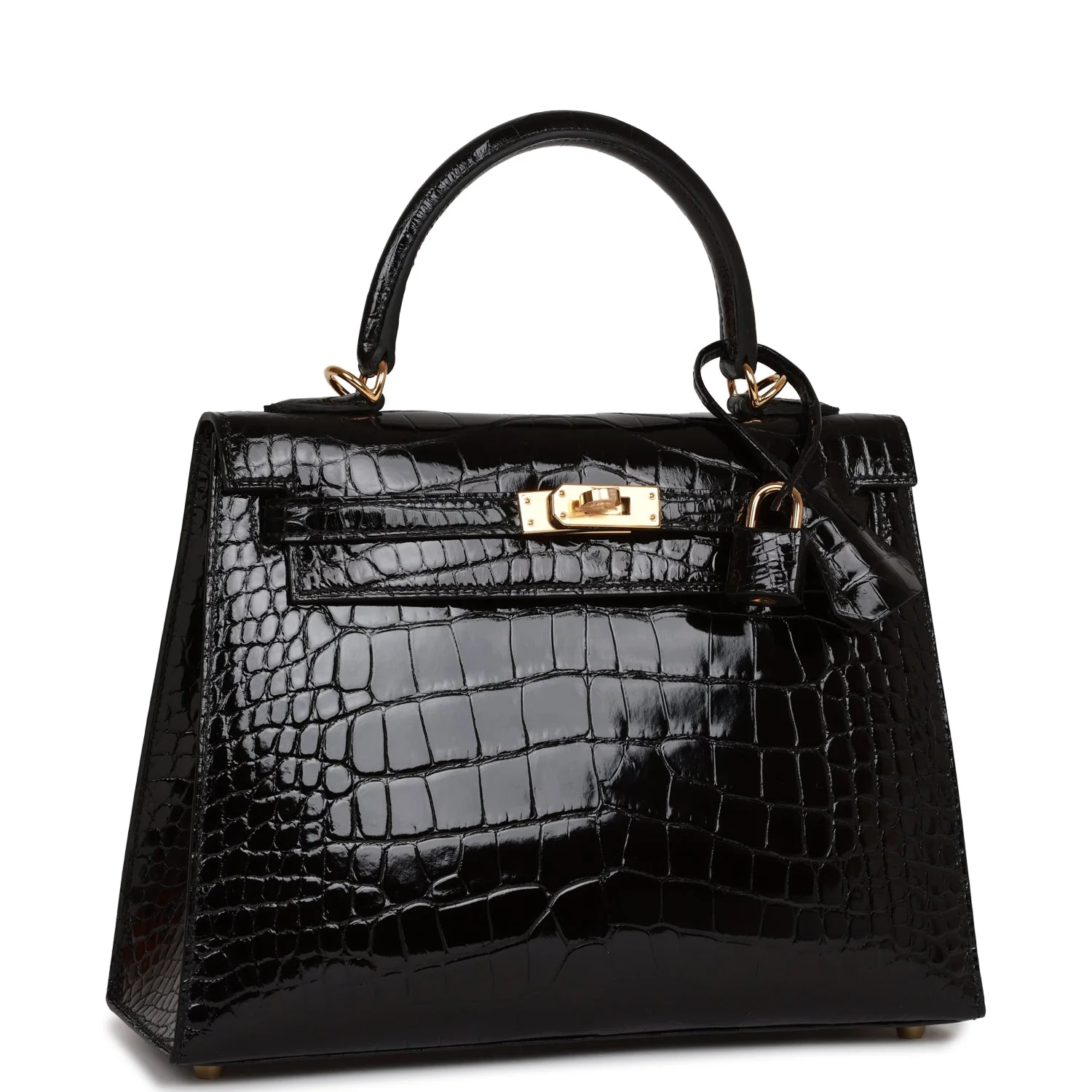 Her Kelly Sellier 25 Black Shiny Alligator Gold Hardware