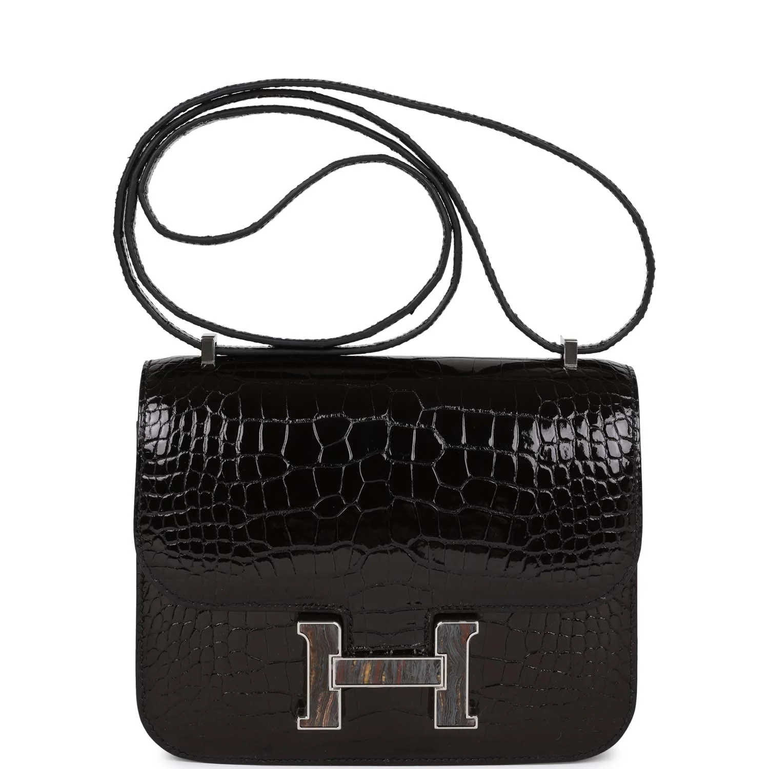 Hermes Constance 18 Black Shiny Alligator Palladium Tiger's Eye Hardware