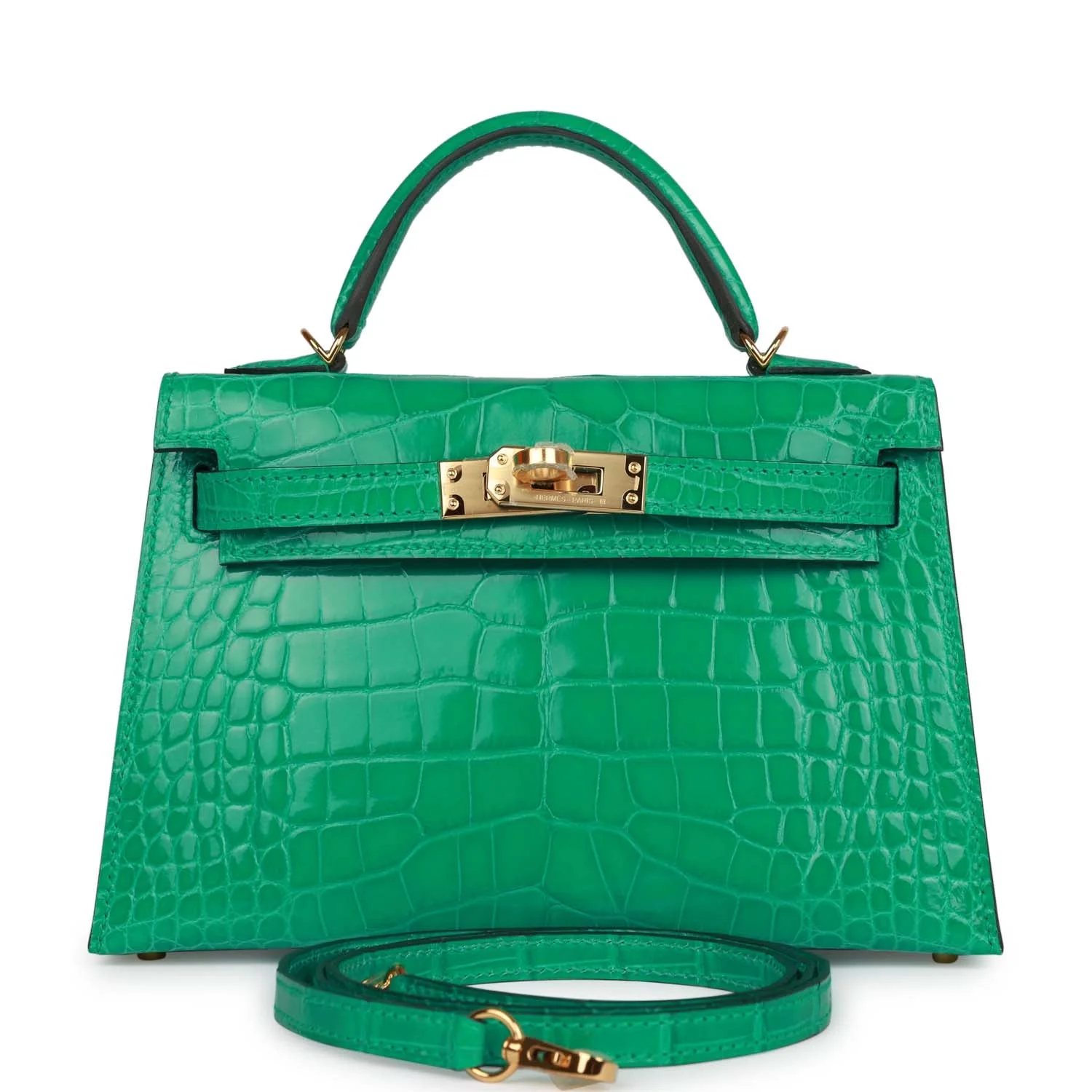 Her Kelly Sellier 20 Vert Jade Shiny Alligator Gold Hardware