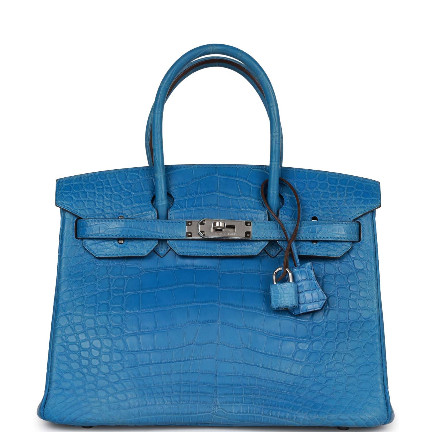 Pre-owned Hermes Birkin 30 Bleu Mykonos Matte Alligator Palladium Hardware