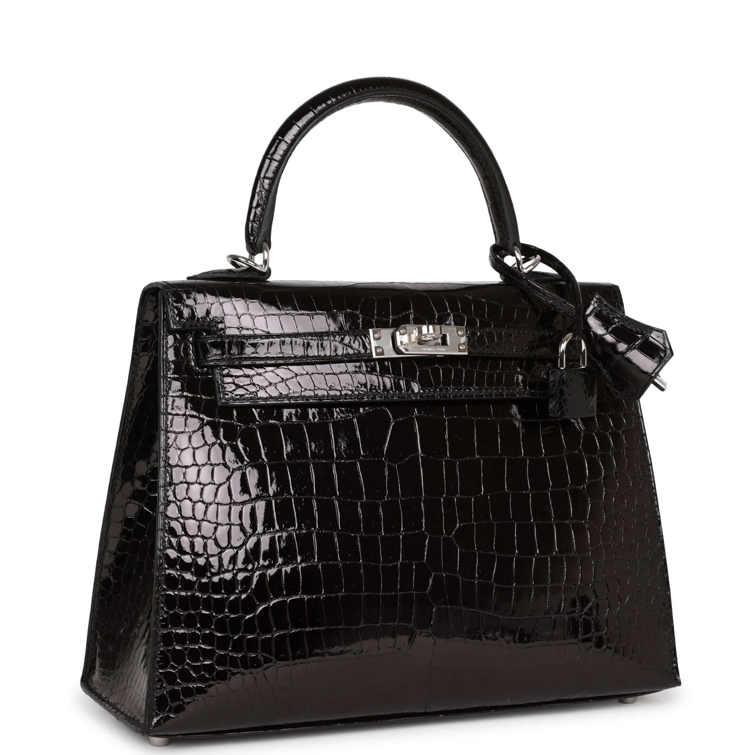 Her Kelly Sellier 25 Black Shiny Porosus Crocodile Palladium Hardware