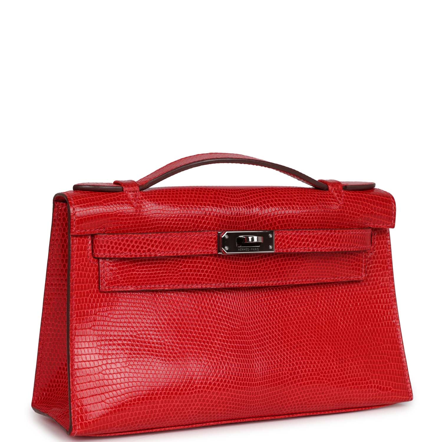 Pre-owned Hermes Kelly Pochette Rouge Vif Lizard Ruthenium Hardware