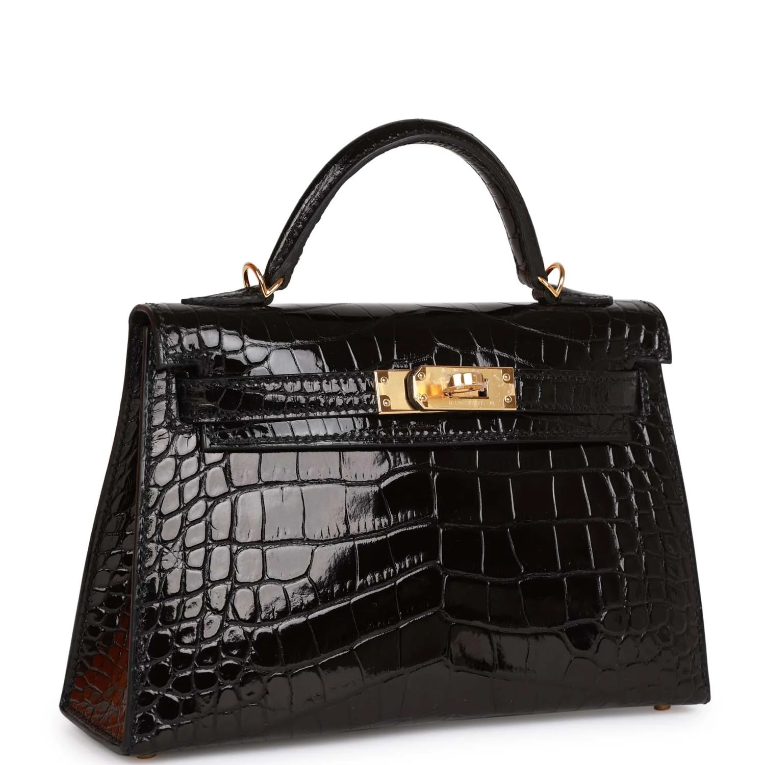 Her Kelly Sellier 20 Black Shiny Alligator Gold Hardware