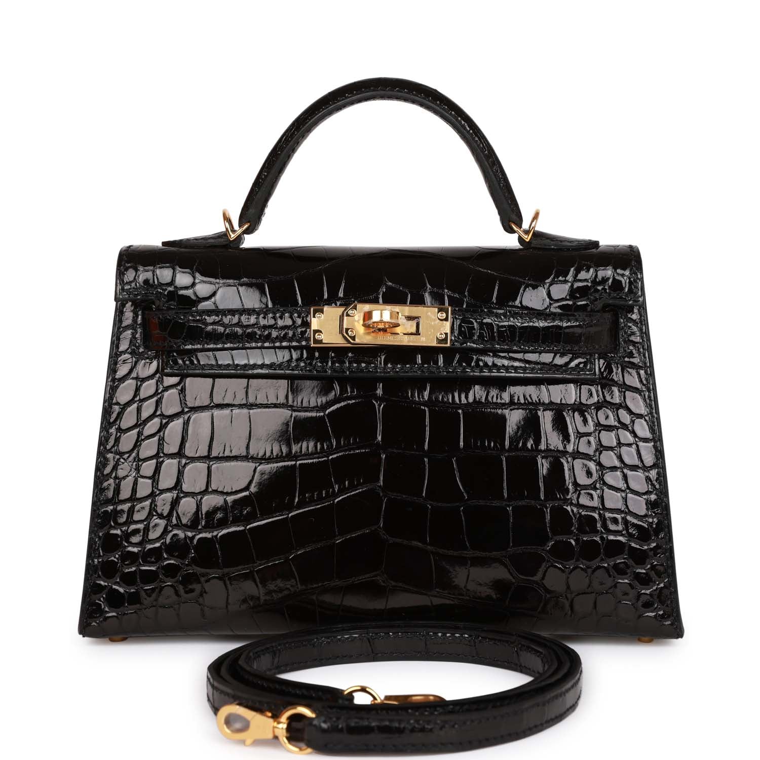Her Kelly Sellier 20 Black Shiny Alligator Gold Hardware
