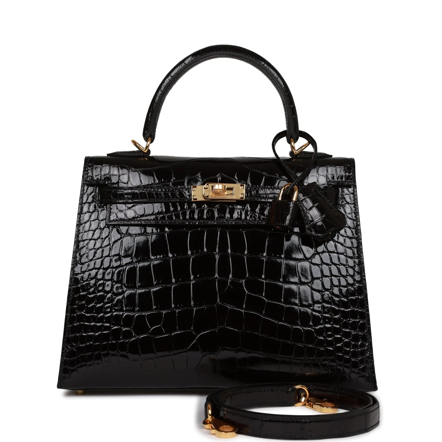 Her Kelly Sellier 25 Black Shiny Alligator Gold Hardware