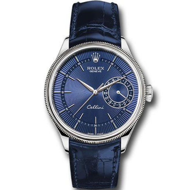 Rolex Cellini Date Watch - White Gold - Blue Dial - Blue Leather Strap - 50519 blbl