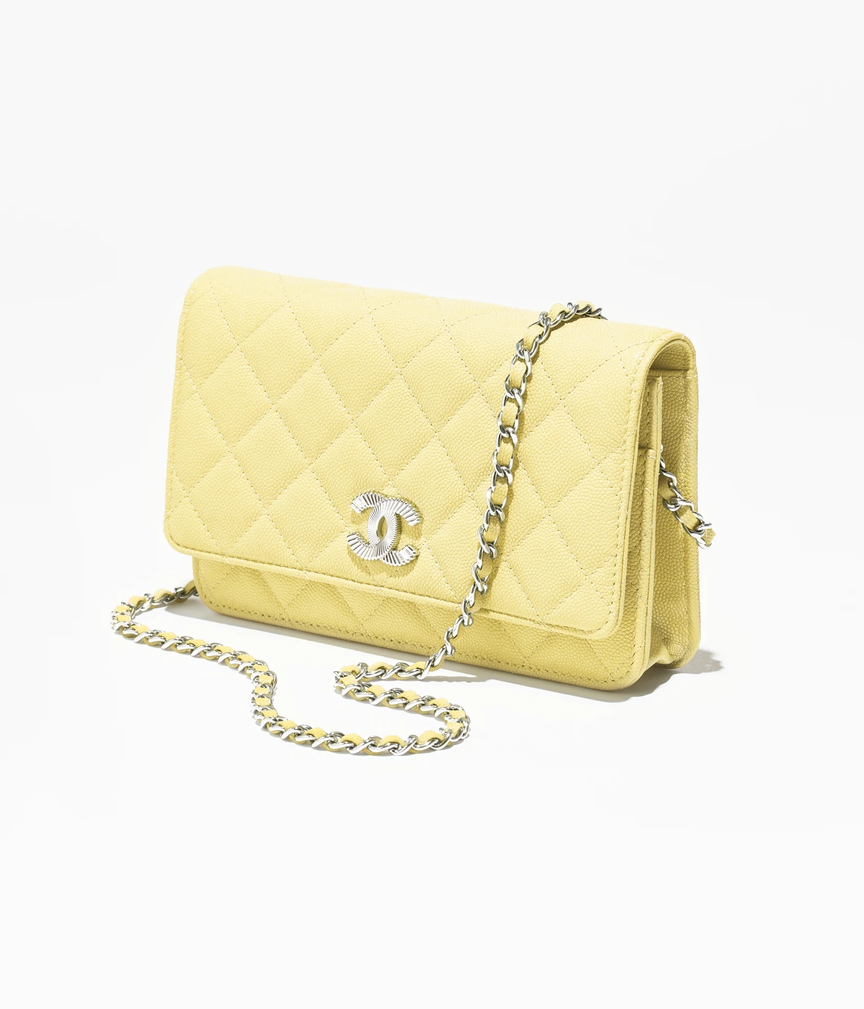 WALLET ON CHAIN Shiny Grained Calfskin & Silver-Tone Metal Light Yellow