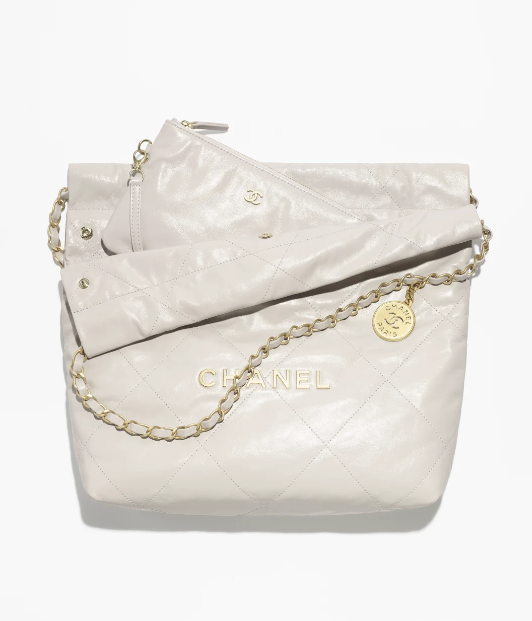 CHANEL 22 Small Handbag Shiny Calfskin & Gold-Tone Metal Light Gray