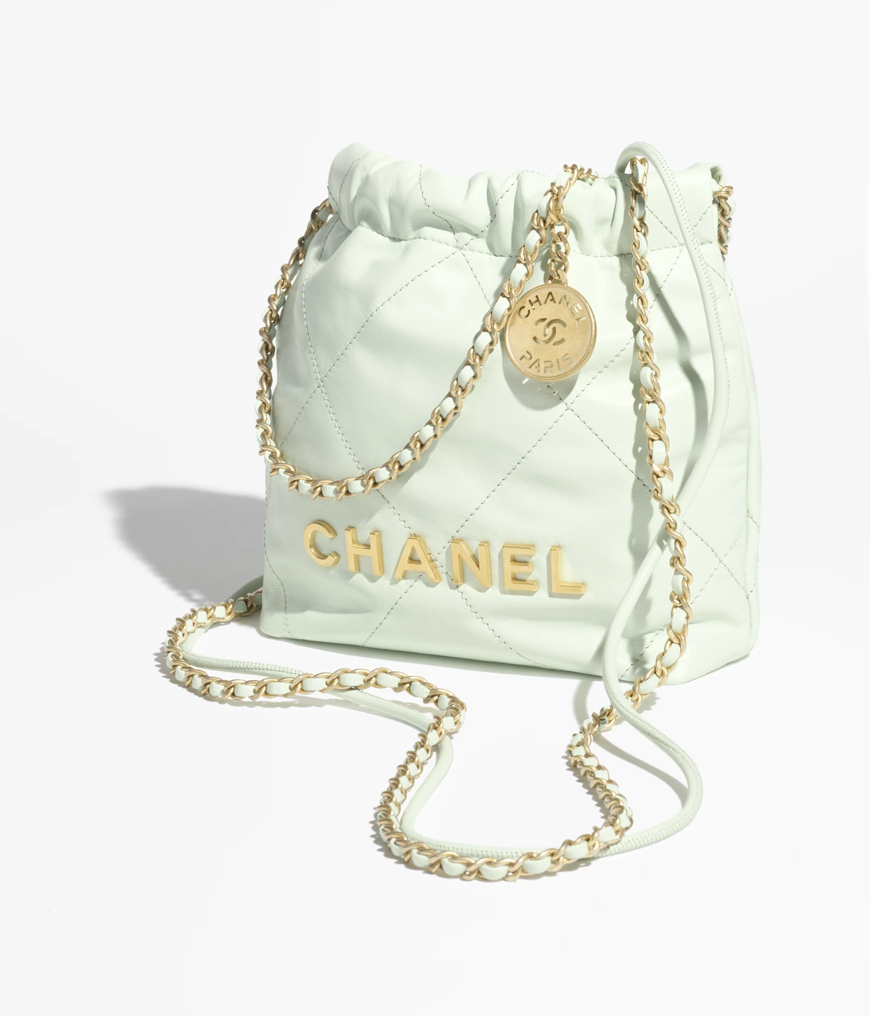 CHANEL 22 Mini Handbag Shiny Calfskin & Gold-Tone Metal Light Green