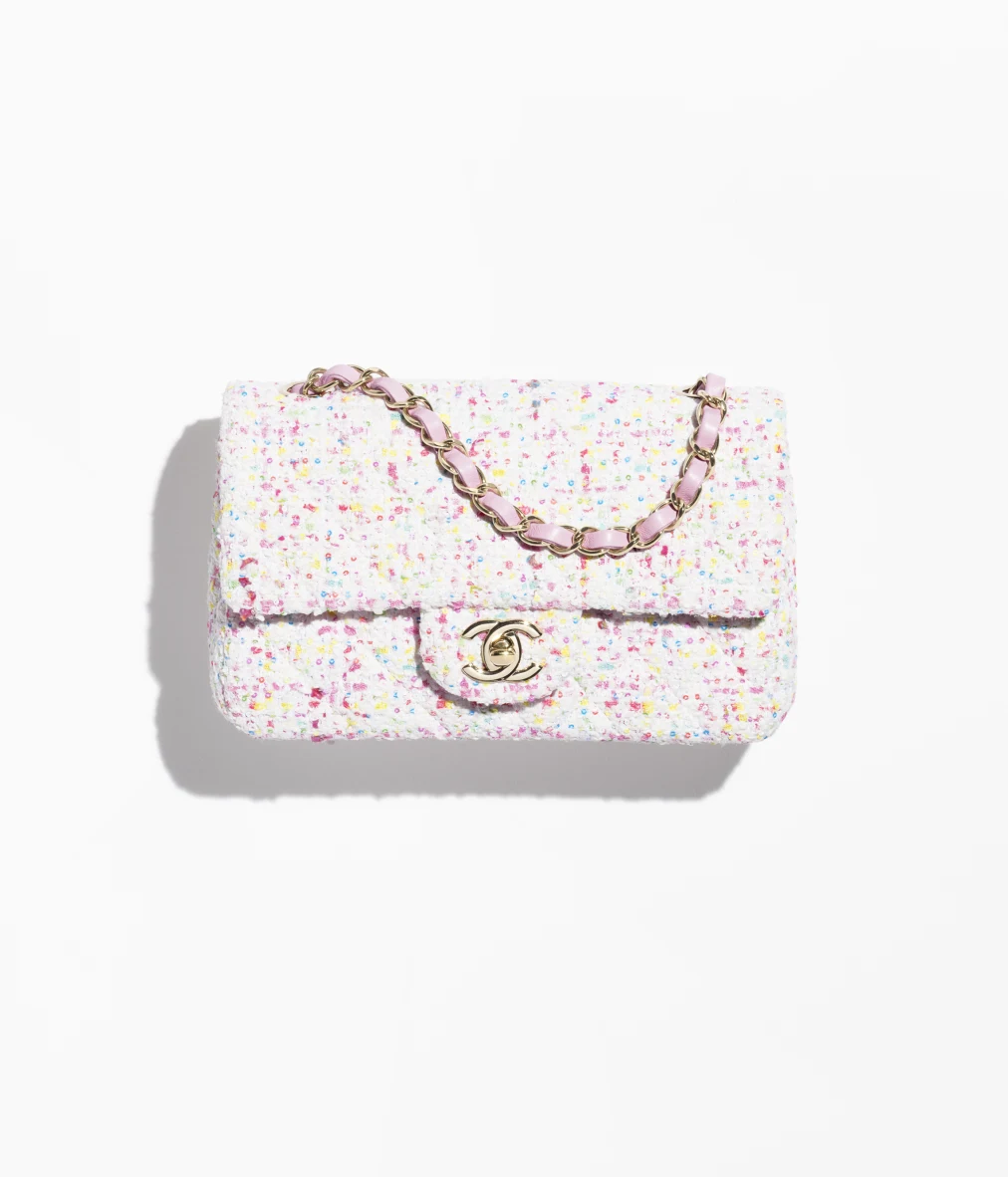 Mini Classic Handbag Tweed & Gold-Tone Metal White, Blue & Pink