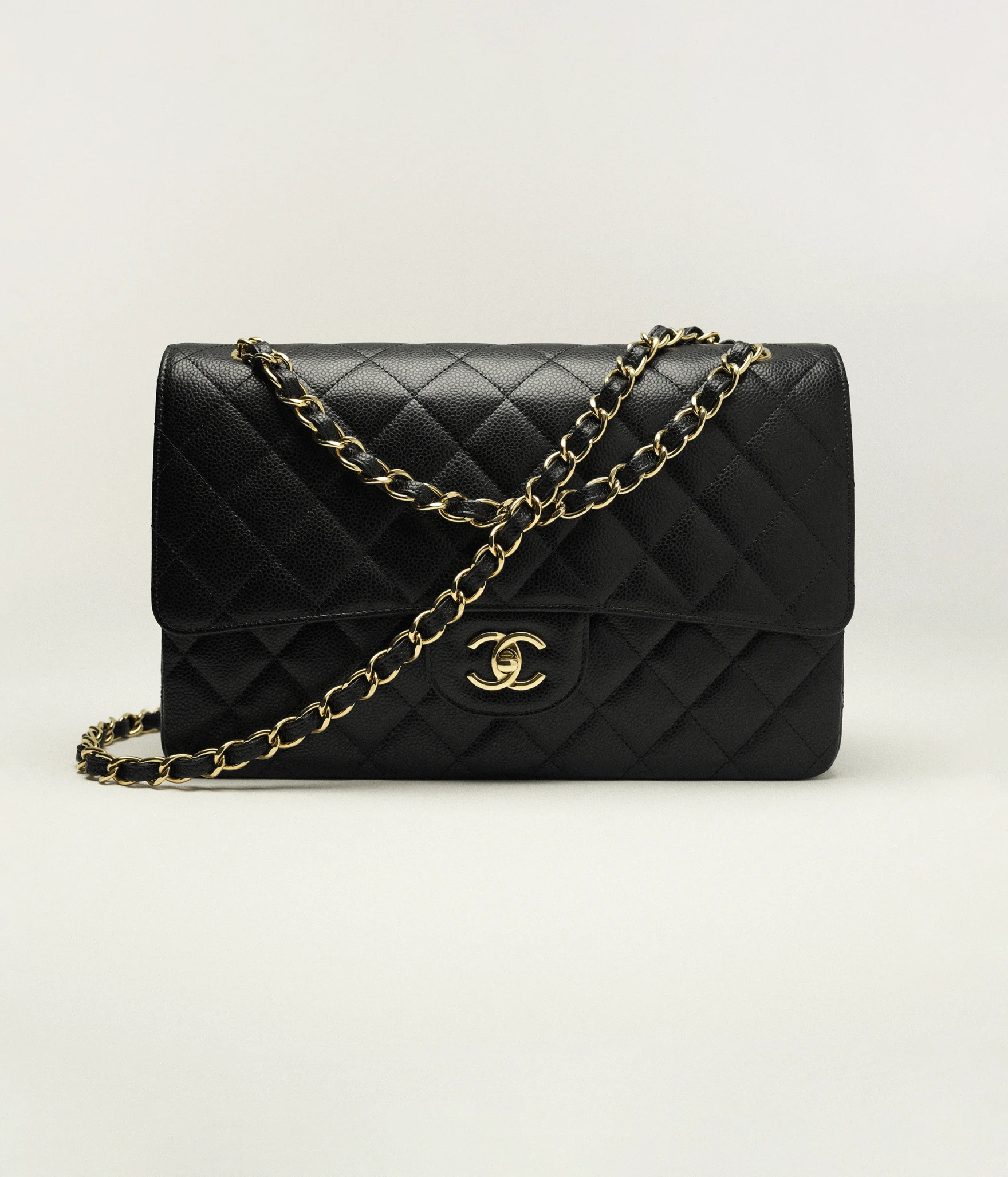 Large Classic Handbag Grained Calfskin & Gold-Tone Metal Black