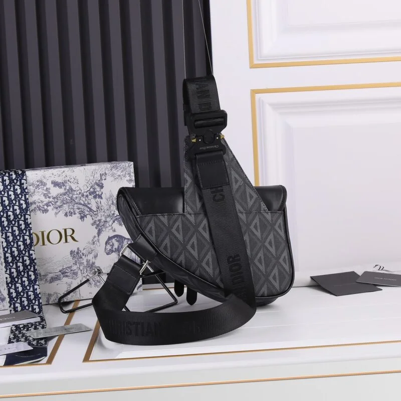 Dior Cd Diamond Canvas Saddle Bag- Black/White