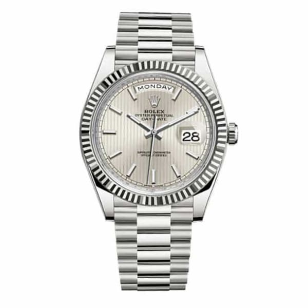 Rolex Day-Date 40 Presidential Silver dial, Fluted Bezel, President bracelet, White gold Watch