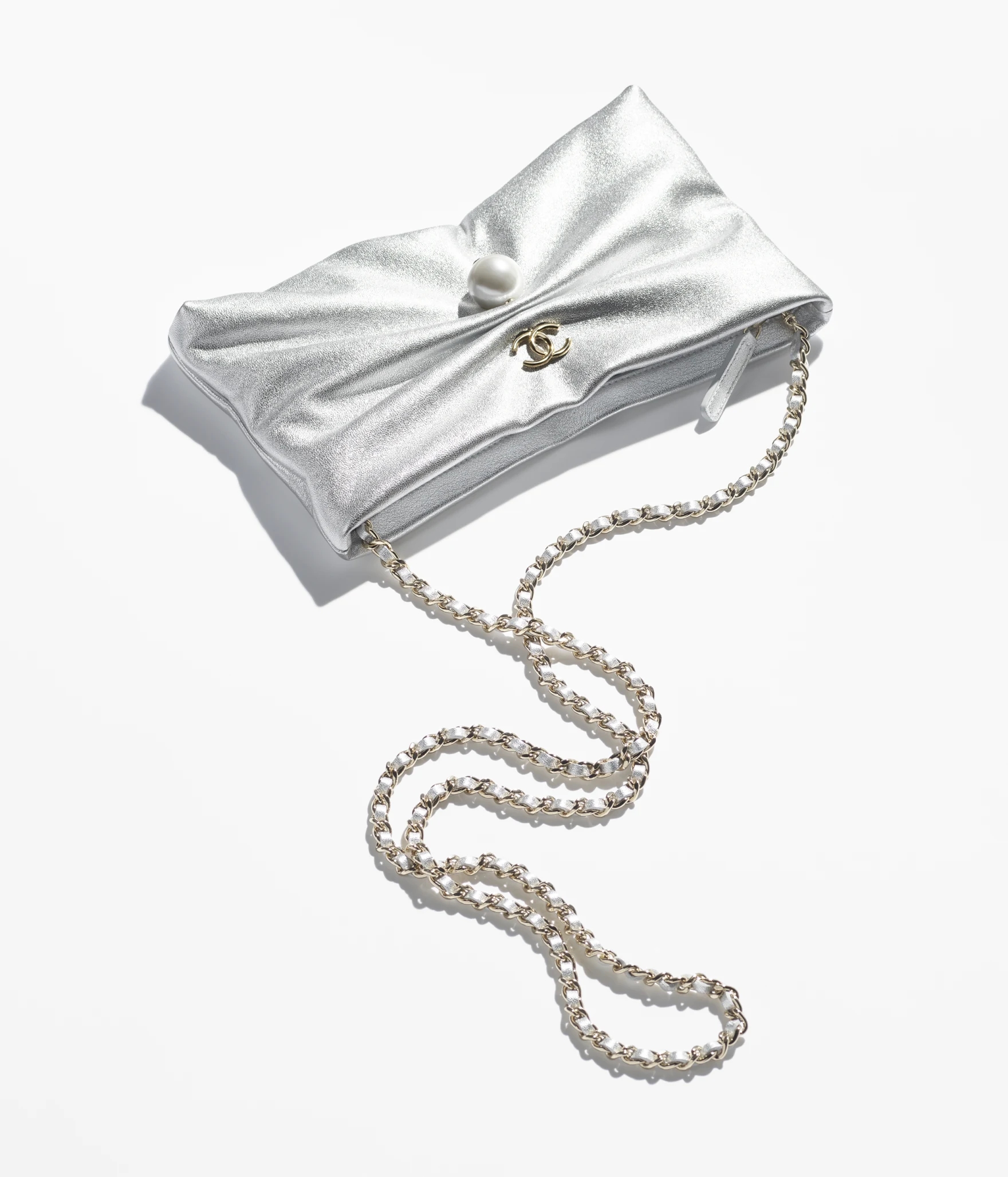 CLUTCH WITH CHAIN Metallic Lambskin, Imitation Pearl & Gold-Tone Metal Silver