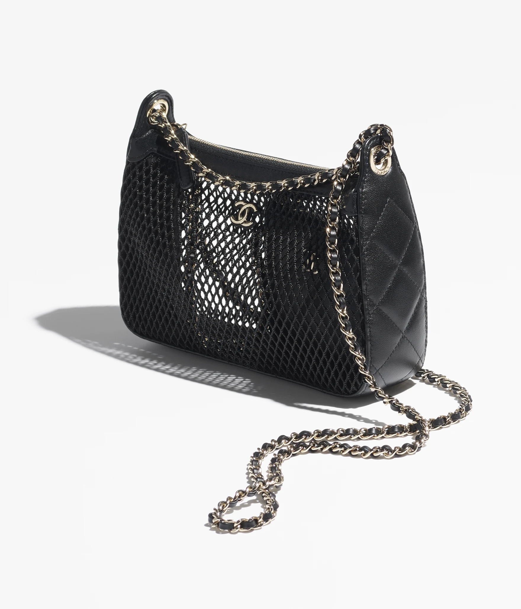 CLUTCH WITH CHAIN Mesh, Shiny Lambskin & Gold-Tone Metal Black