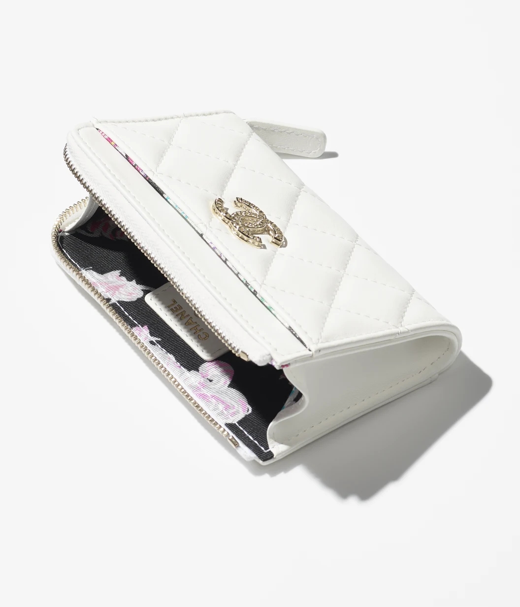 ZIPPED CARD HOLDER Lambskin & Gold-Tone Metal White