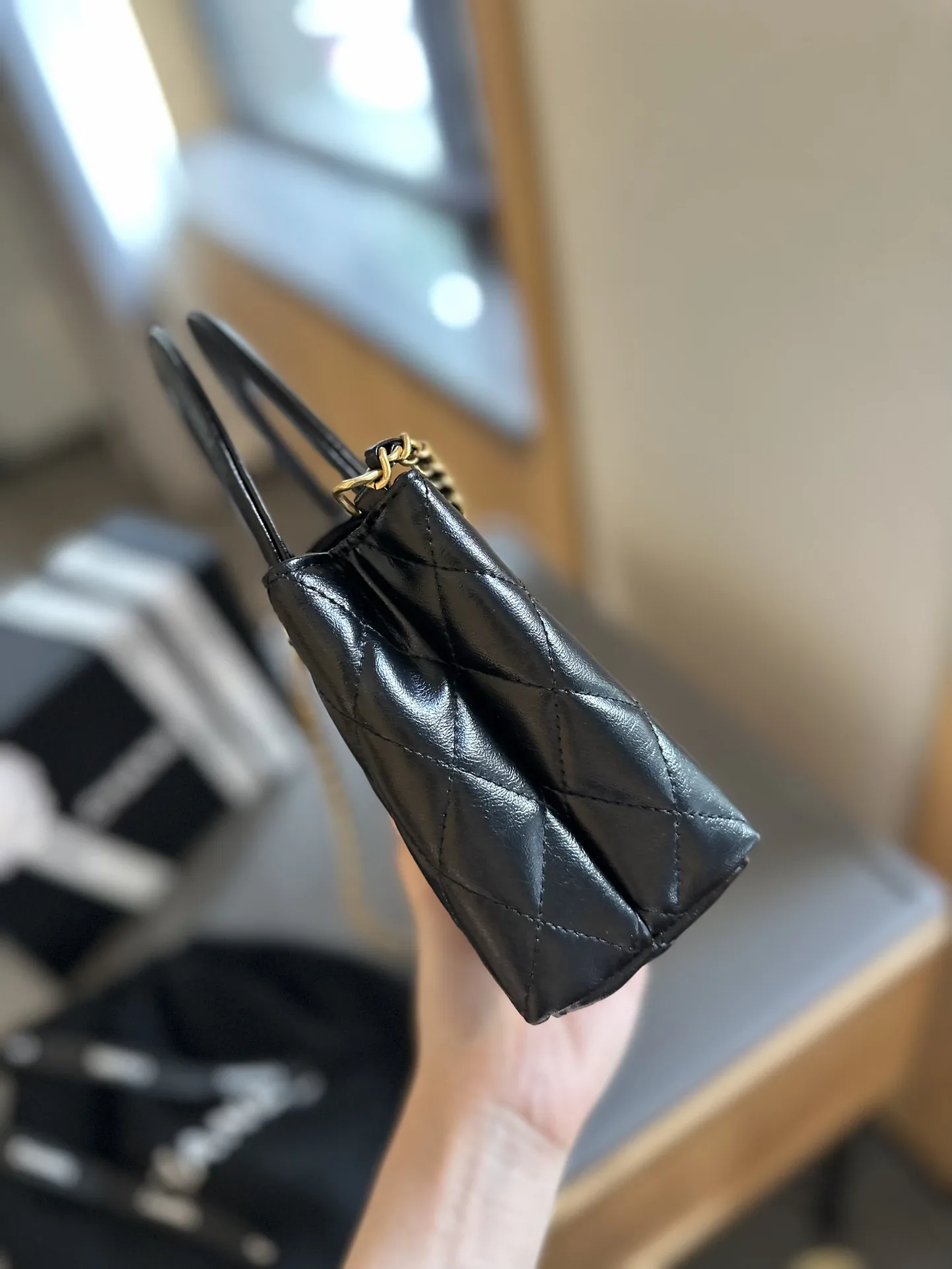 Shiny Aged Calfskin Coral Mini Kelly Shopping Bag