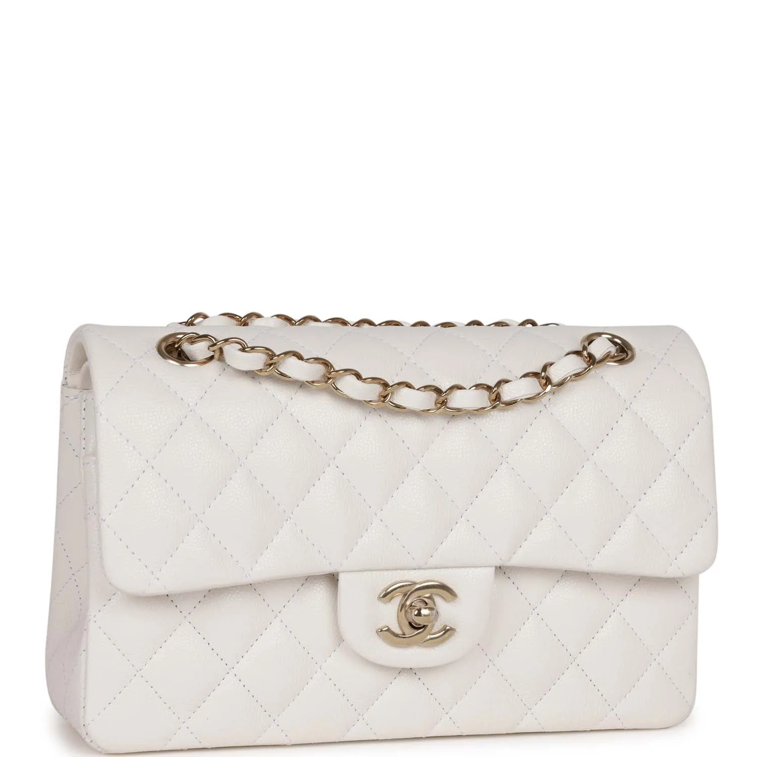 Small Classic Double Flap Bag White Caviar Light Gold Hardware