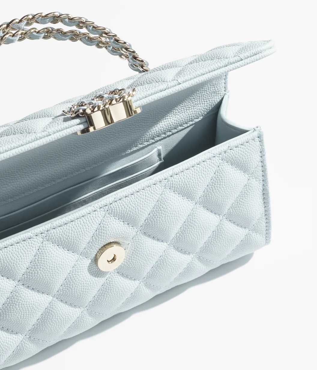 FLAP PHONE HOLDER WITH CHAIN Grained Shiny Calfskin & Gold-Tone Metal Light Blue