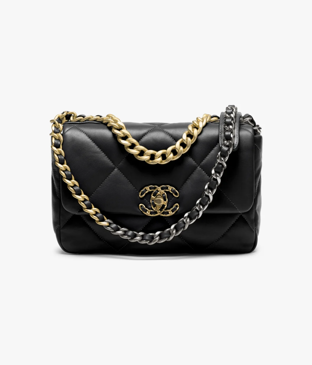 CHANEL 19 Handbag Shiny Lambskin, Gold-Tone, Silver-Tone & Ruthenium-Finish Metal Black