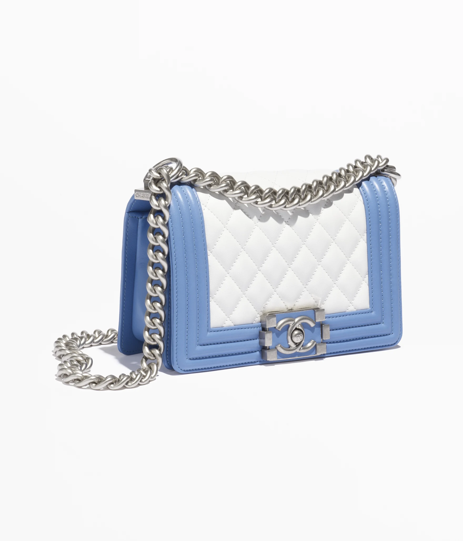 Small BOY CHANEL Handbag Calfskin & Silver-Tone Metal White & Blue