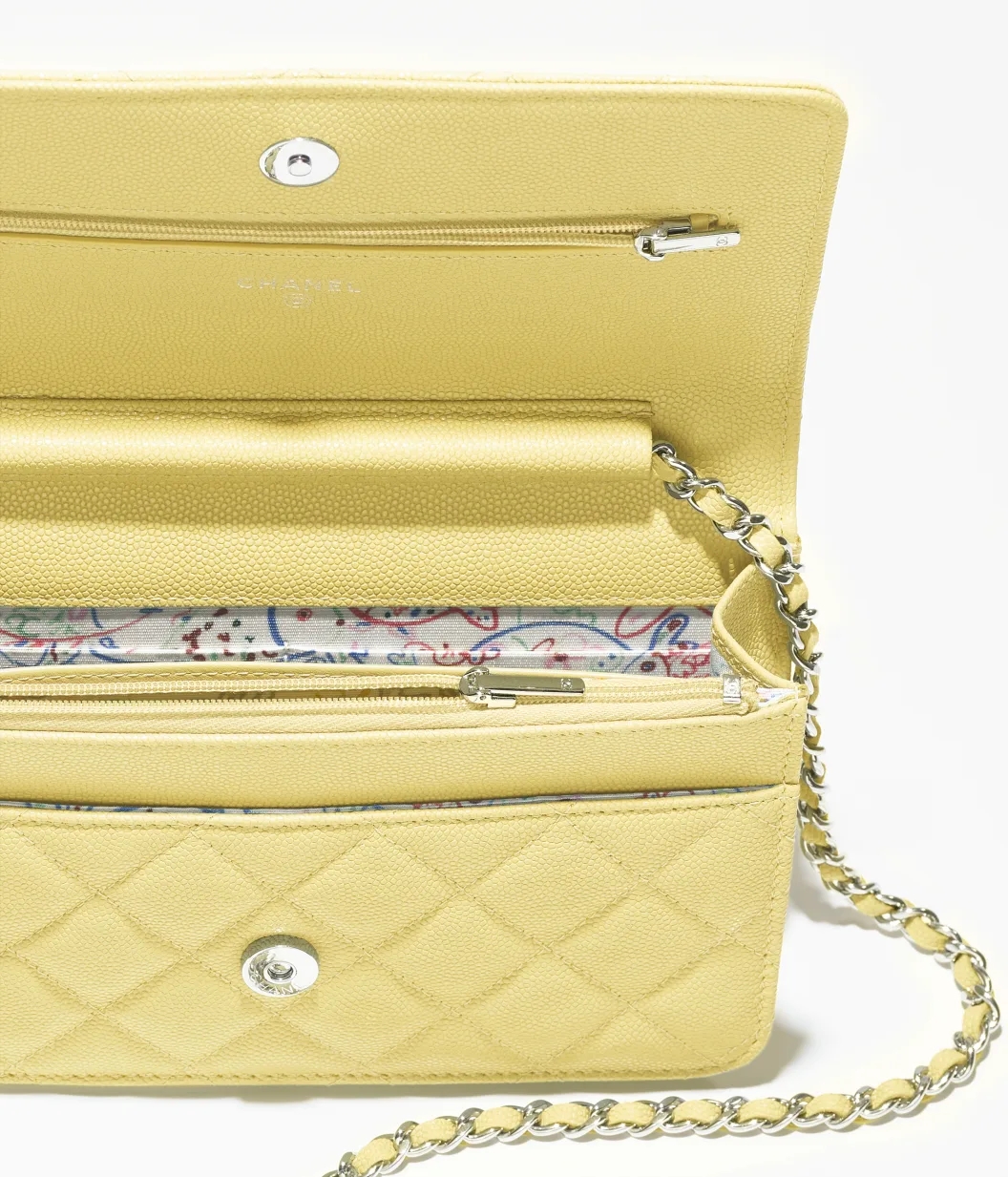 WALLET ON CHAIN Shiny Grained Calfskin & Silver-Tone Metal Light Yellow