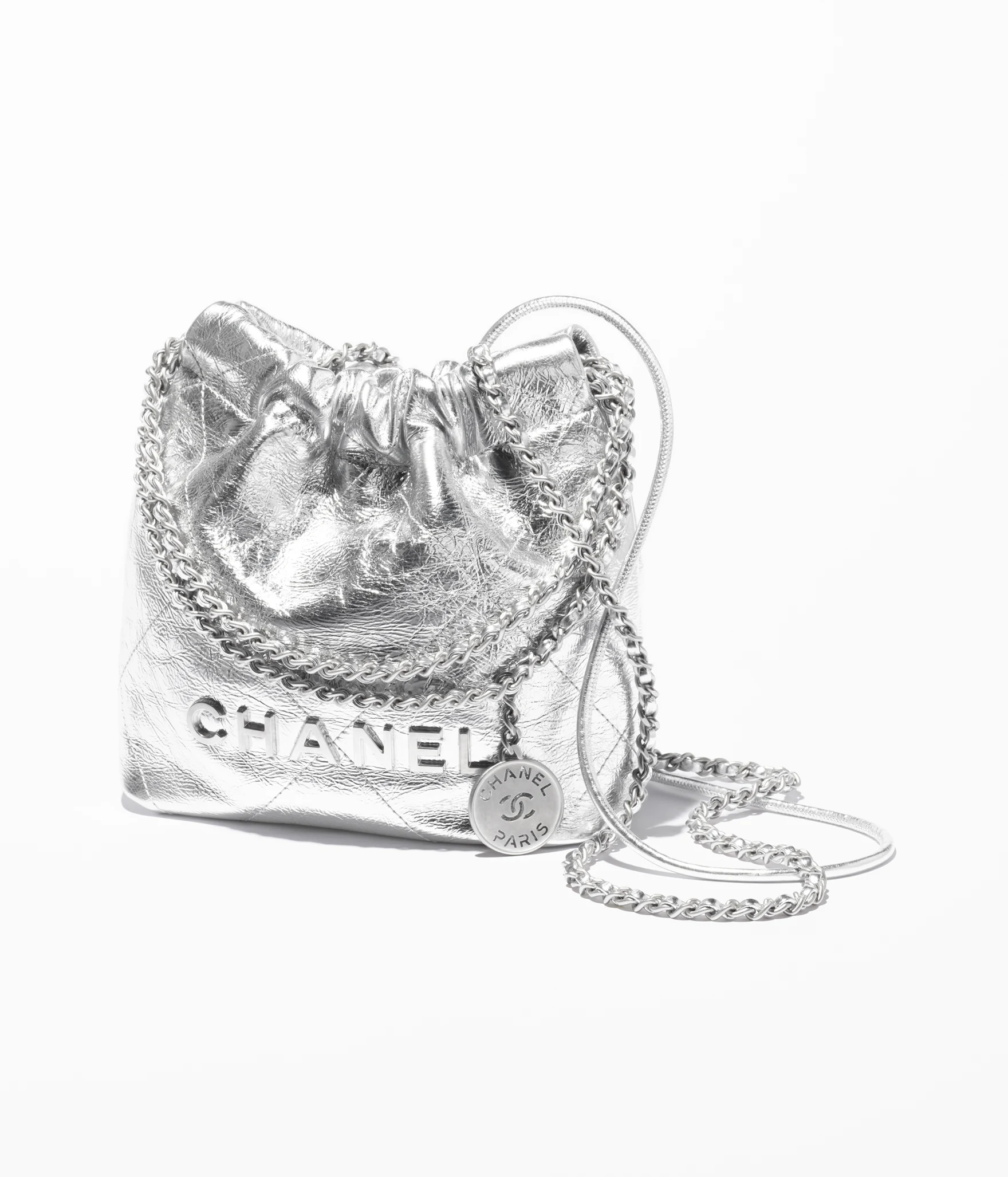 CHANEL 22 Mini Handbag Metallic Calfskin & Silver-Tone Metal Silver