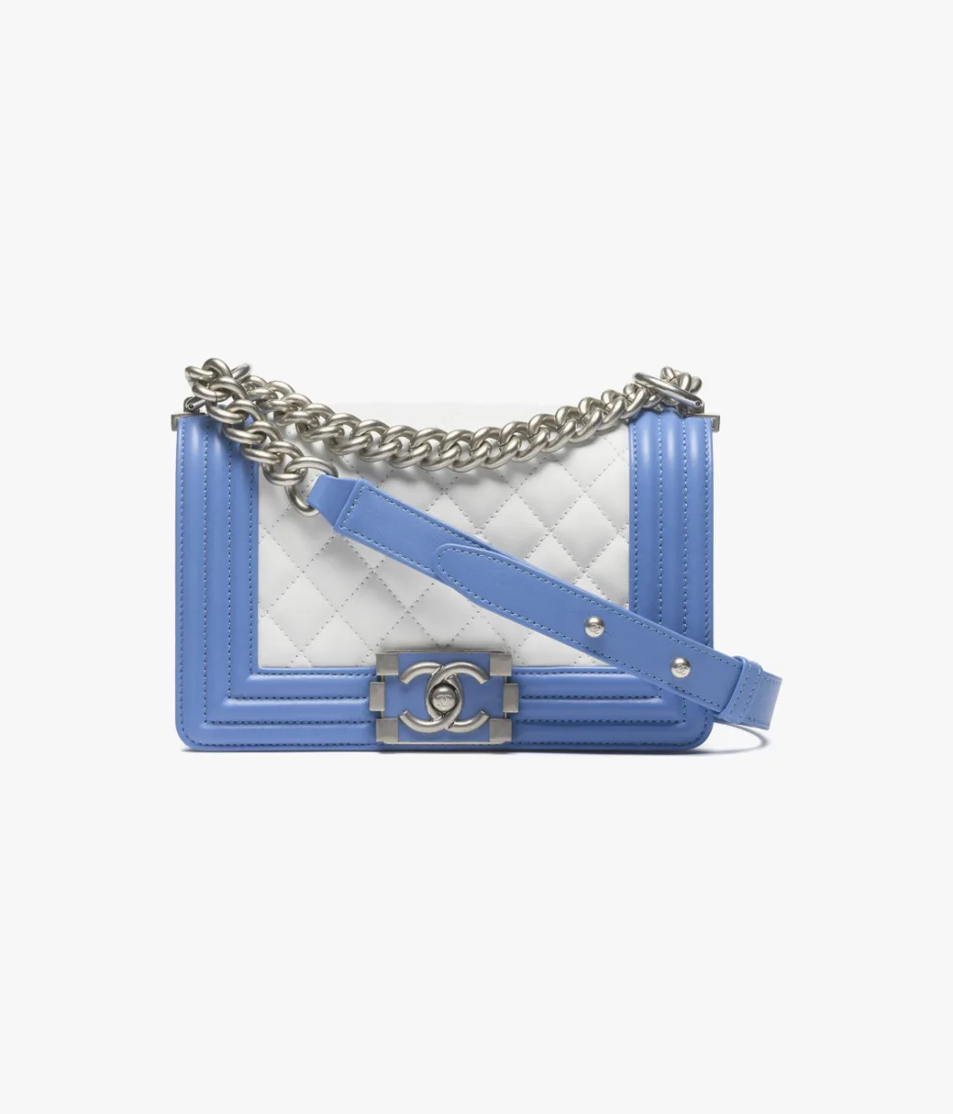 Small BOY CHANEL Handbag Calfskin & Silver-Tone Metal White & Blue