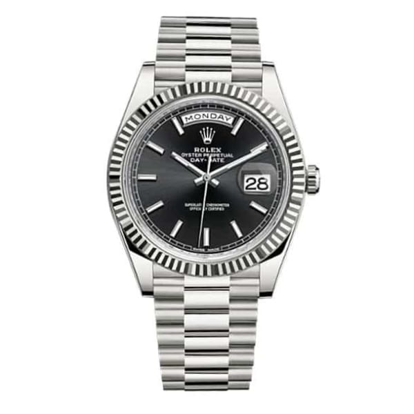 Rolex Day-Date 40 Presidential Black dial, Fluted Bezel, President bracelet, White gold Watch