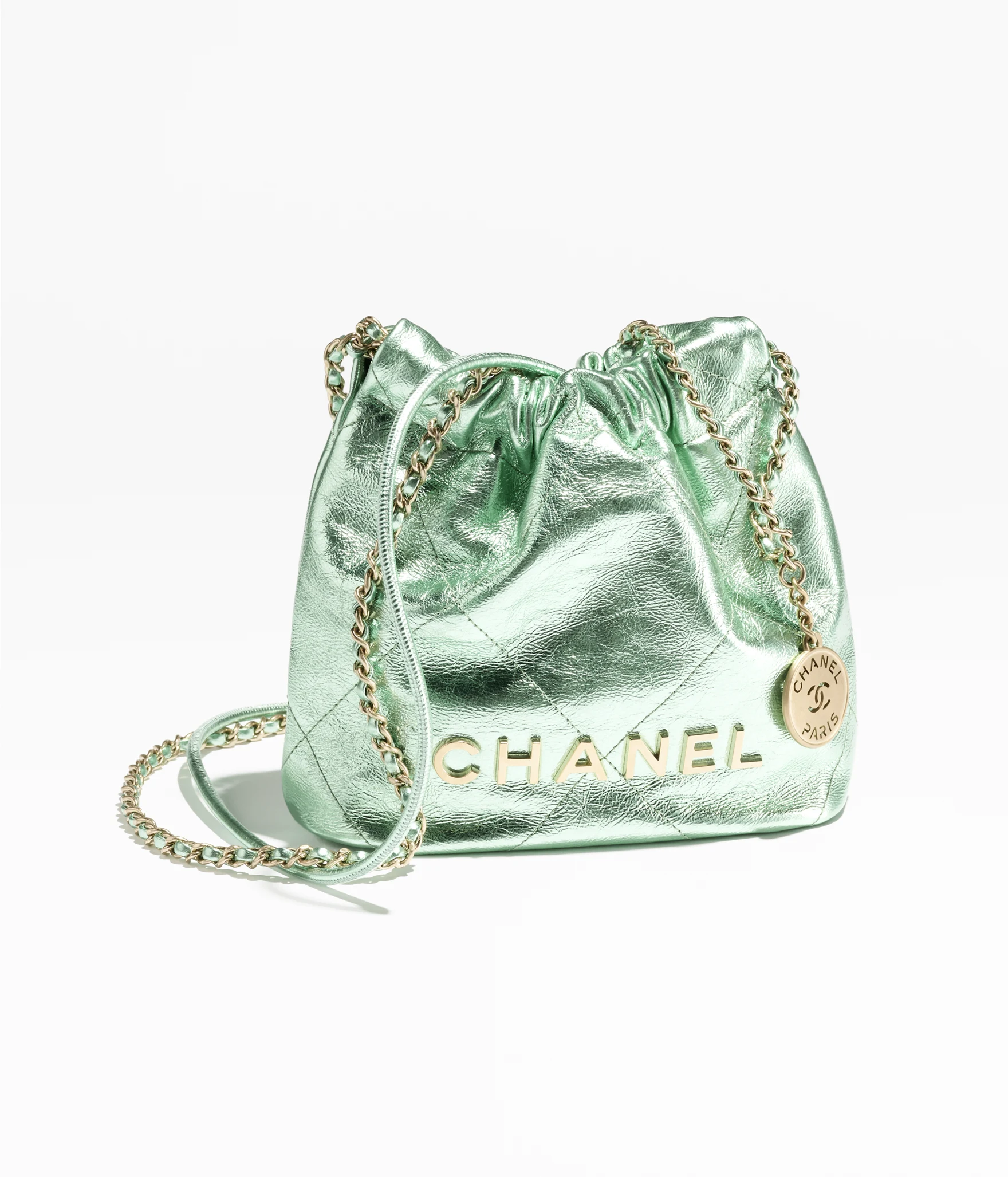 CHANEL 22 Mini Handbag Metallic Calfskin & Gold Metal Green