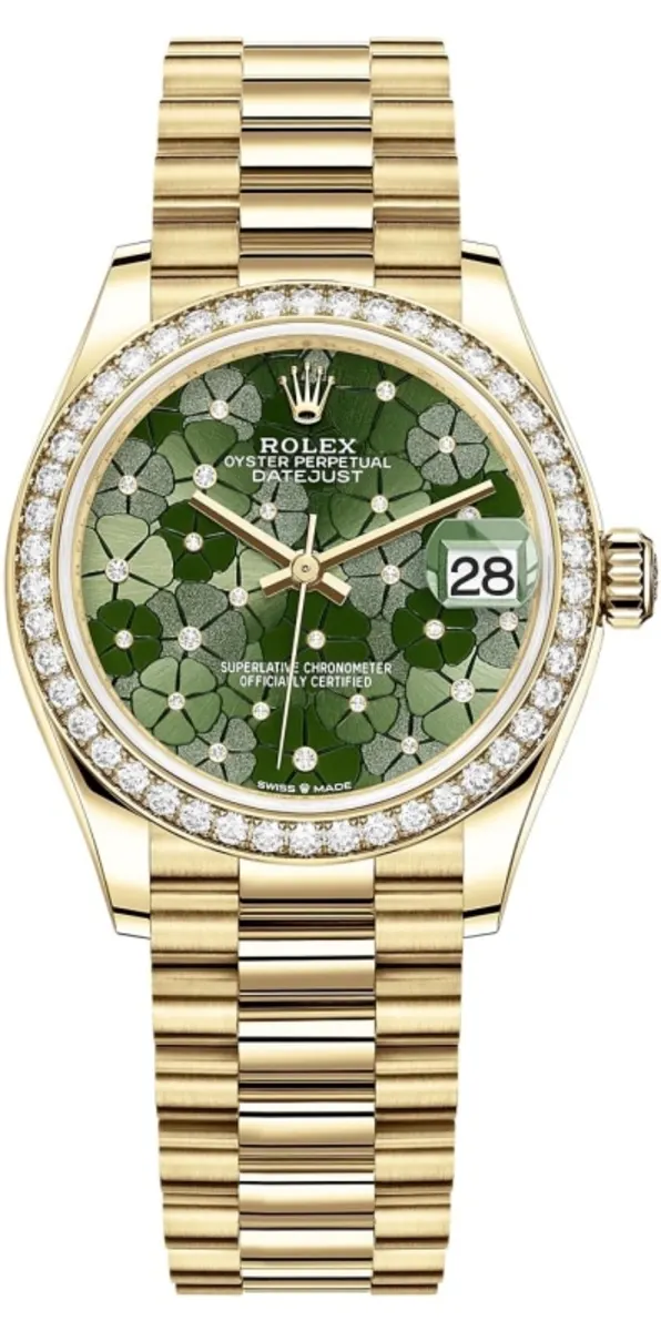 Rolex Datejust 31 Yellow Gold Olive Green Floral-Motif Diamond Dial Diamond Bezel Women's Watch M278288RBR-0038