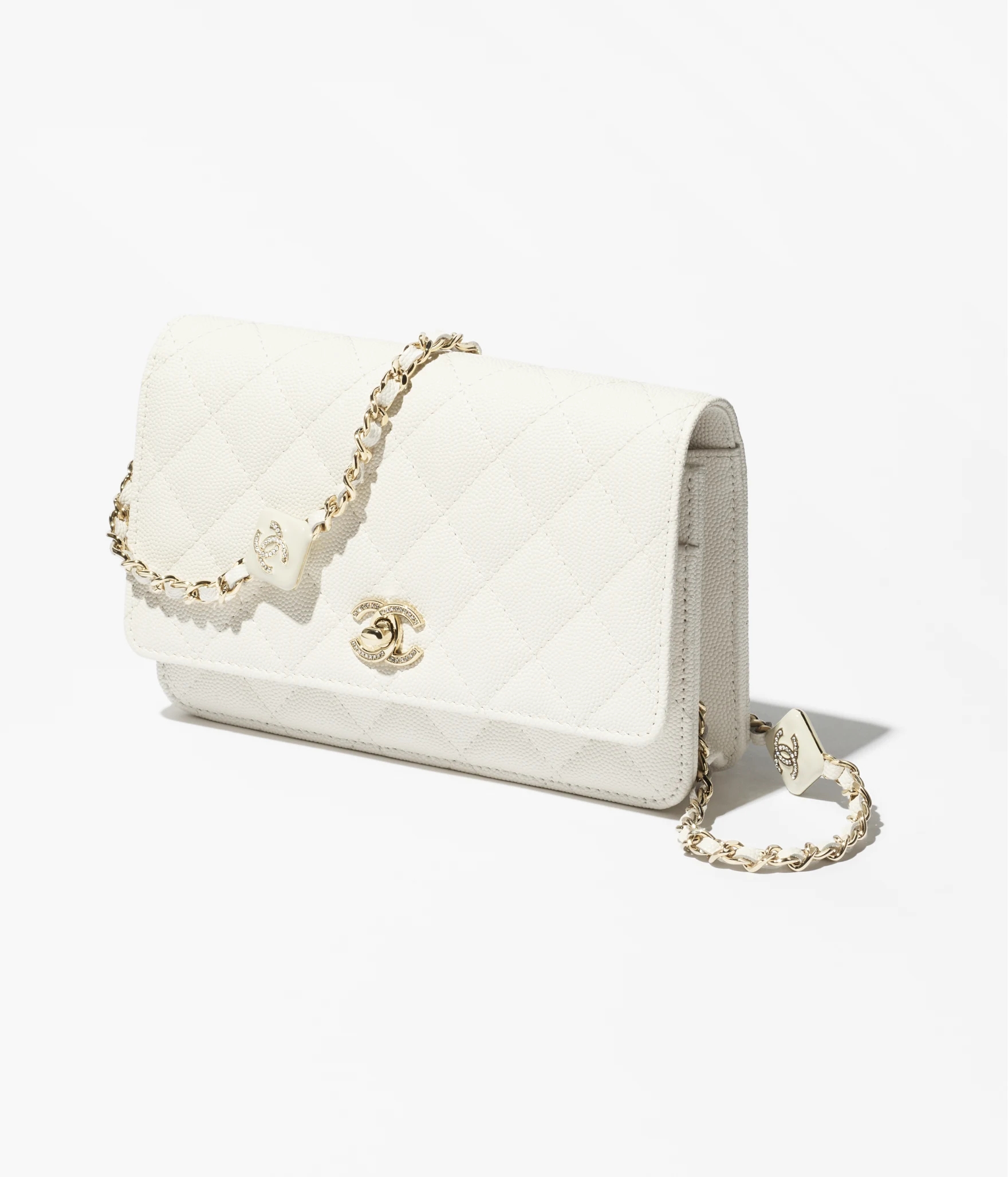 WALLET ON CHAIN Shiny Grained Calfskin, Enamel & Gold-Tone Metal White