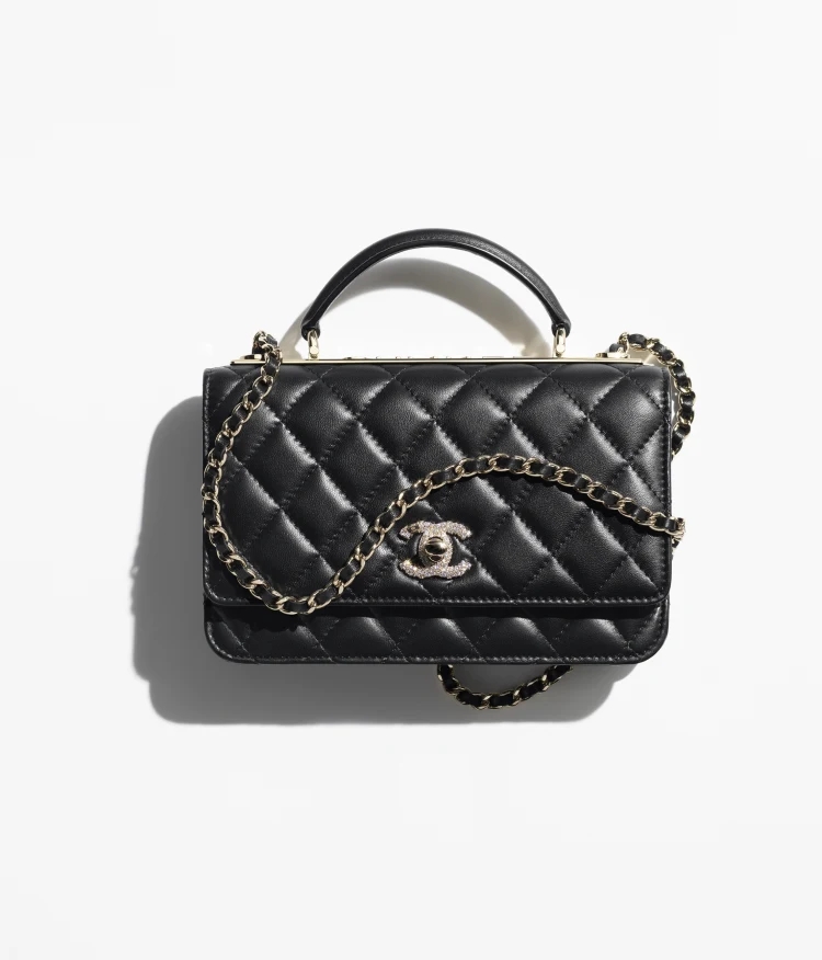 WALLET ON CHAIN Lambskin, Strass & Gold-Tone Metal Black