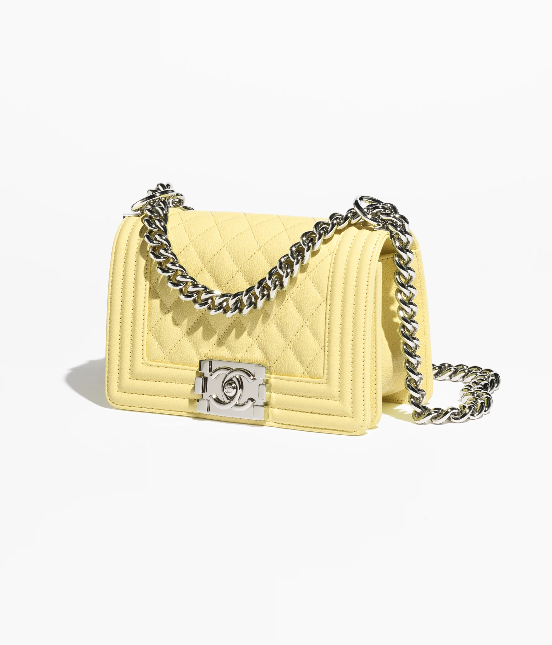 Small BOY CHANEL Handbag Shiny Grained Calfskin & Silver-Tone Metal Light Yellow