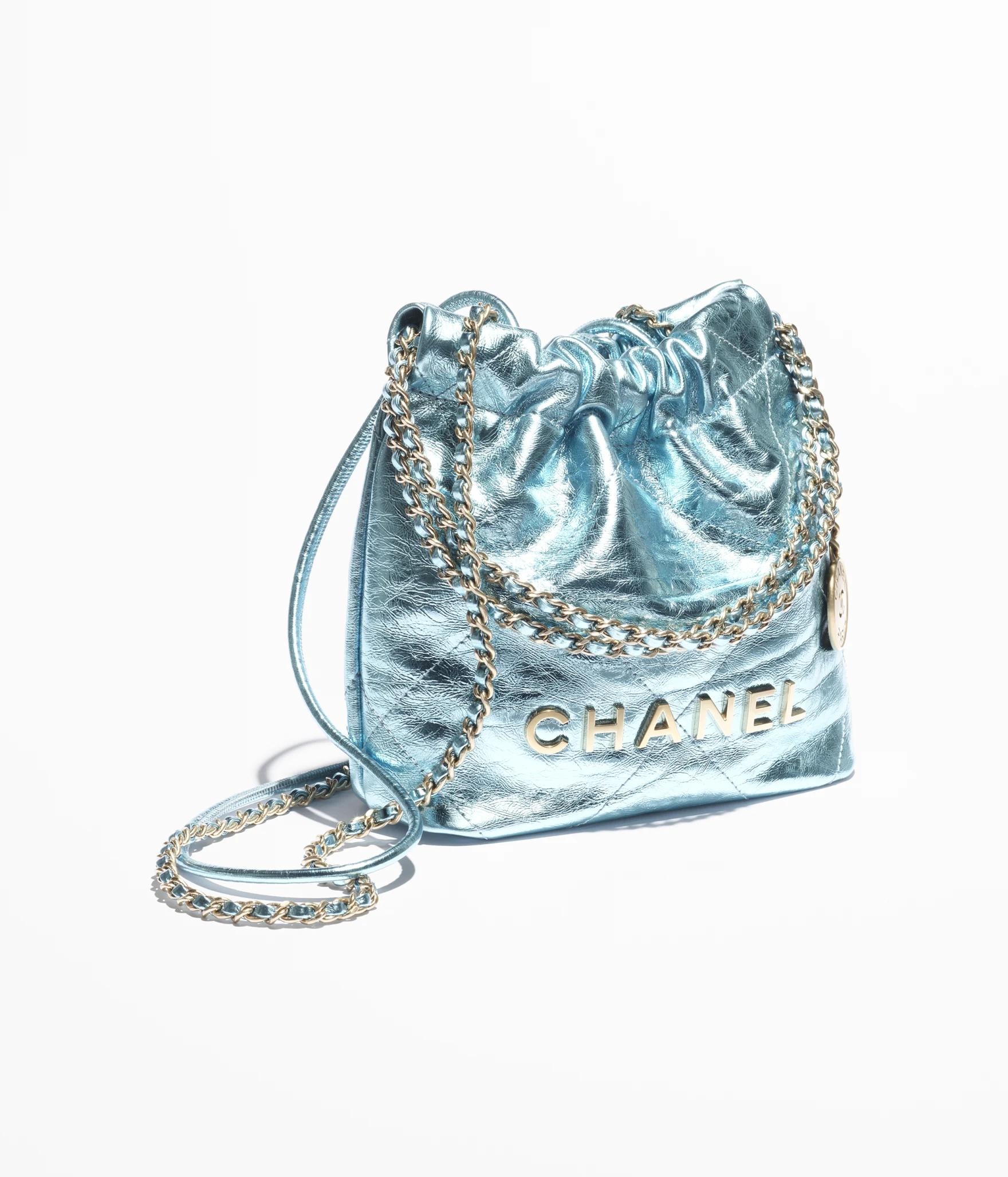 CHANEL 22 Mini Handbag Metallic Calfskin & Gold Metal Light Blue